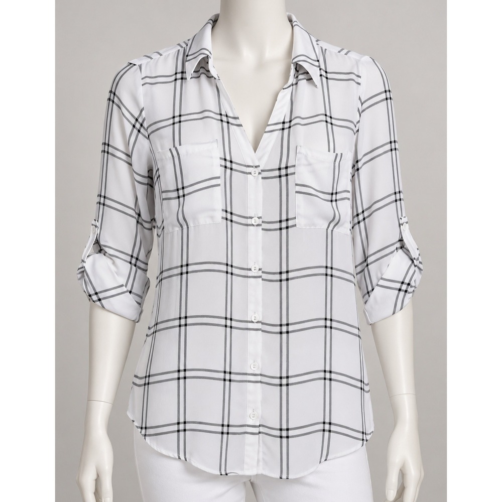 Fortune + Ivy Womens Medium White Black Grid Plaid Roll Tab Button Down Blouse